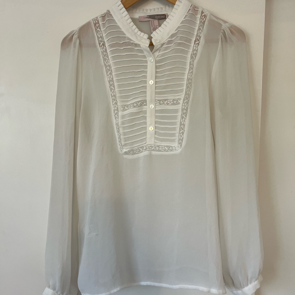 Forever 21 Ivory Sheer Blouse with Pintuck and Lace